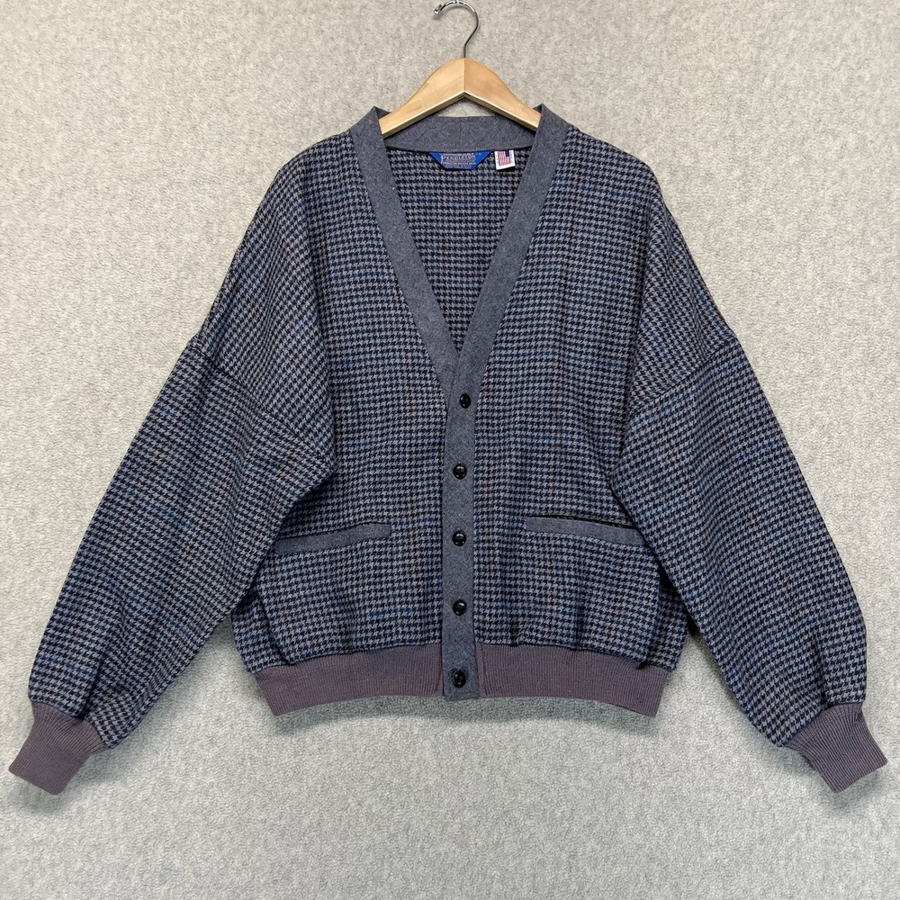 Vintage Pendleton Wool Cardigan Sweater USA Made Houndstooth Plaid Oversized L